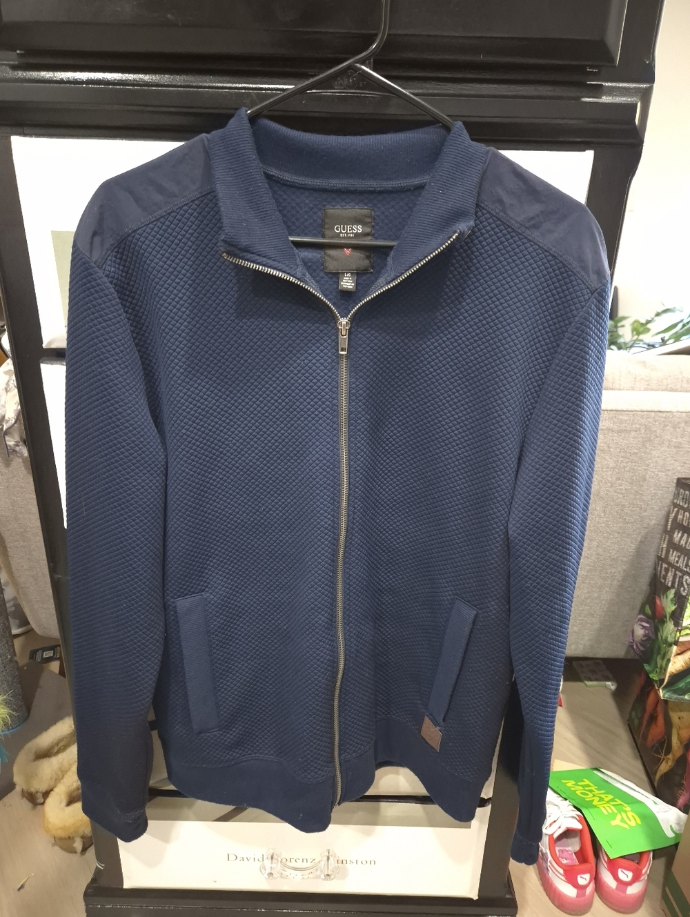 GUESS Men's Navy Full-Zip Textured Bomber Sweater